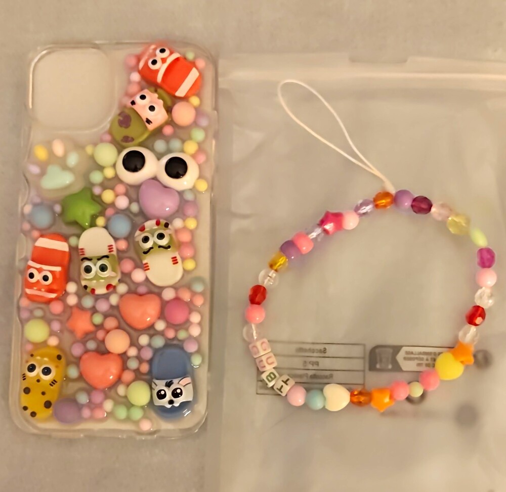Clear 3D Sushi Glitter Patterned Silicone Back Case w/ Wrist Strap for iPhone